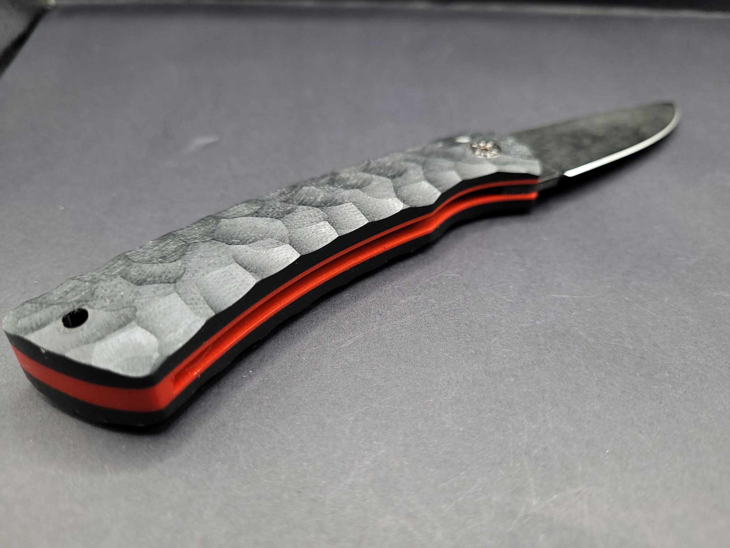 UK Legal friction folding knife Rock textured Black and Red G10
