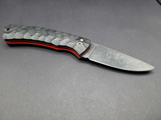 UK Legal friction folding knife Rock textured Black and Red G10