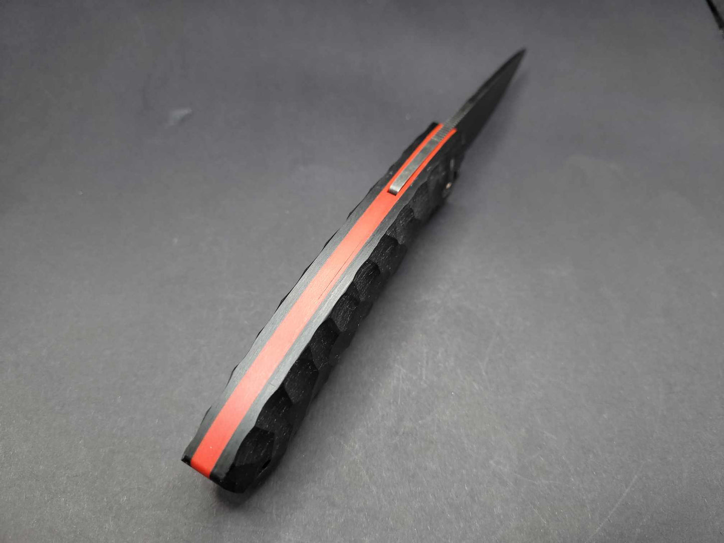 UK Legal friction folding knife Rock textured Black and Red G10