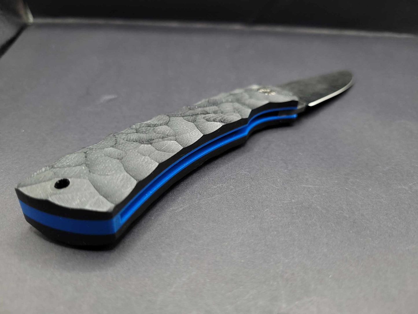 UK Legal friction folding knife Rock textured Black and Blue G10